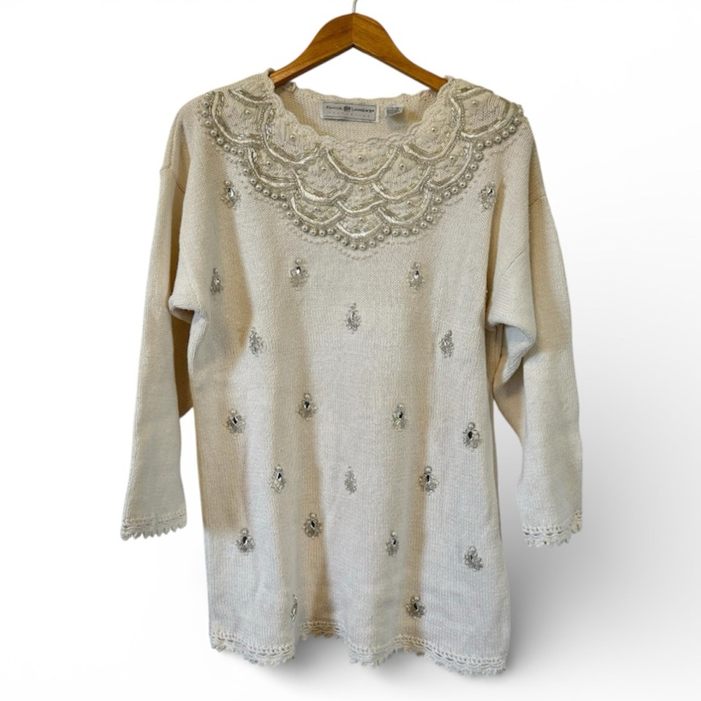 Vintage Beaded Pearl Sweater Maggie‎ Lawrence Ramie Cotton Festive Womens XL